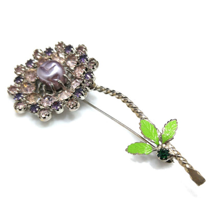 Lilac Purple Rhinestone Flower, Faux Baroque Pearl, Green Enamel Pin, 1950 Vintage Jewelry