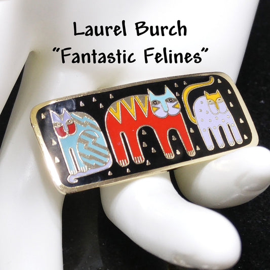 Laurel Burch "Fantastic Felines" Enamel Brooch, Gold Plated Cloisonne, 1980s