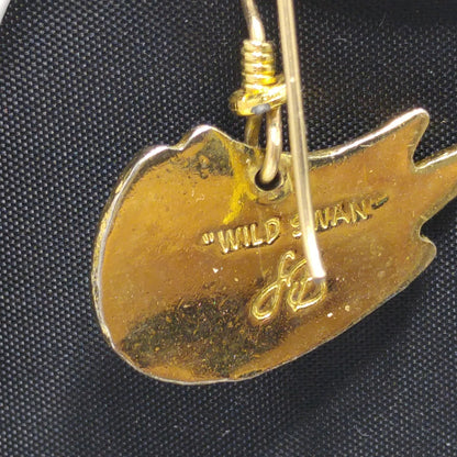 Laurel Burch "Wild Swan" Bird Earrings, Gold Plated, Enamel Cloisonne, 1980s