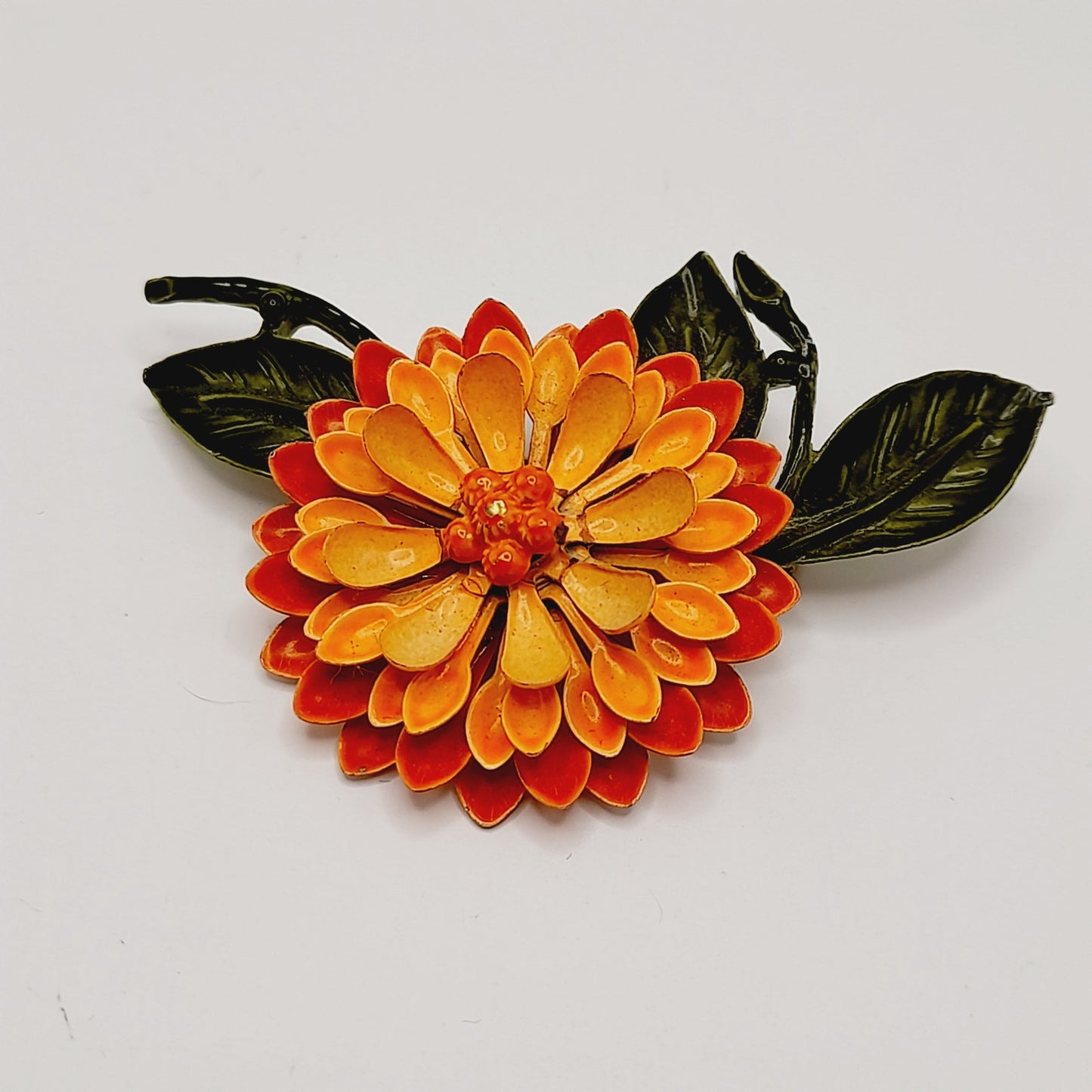 Vintage 1960s Orange Green Enamel Flower Brooch