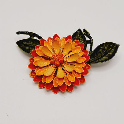 Vintage 1960s Orange Green Enamel Flower Brooch