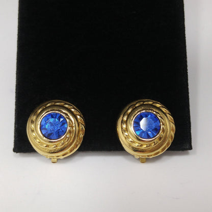 Swarovski Blue Crystal Clip Earrings, Gold Plated Round, 1990s Vintage