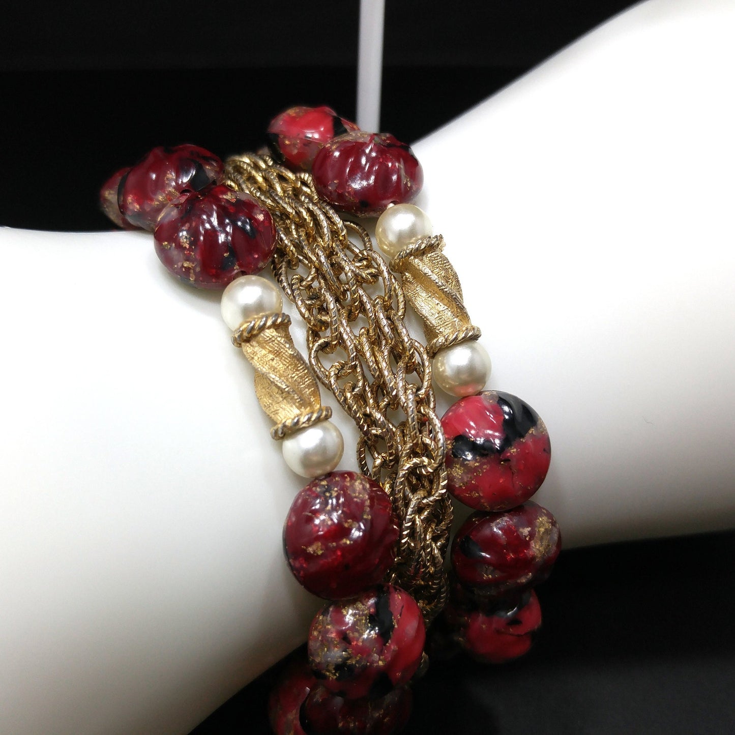 Kramer Red Thermoset Beaded Bracelet & Earrings, 22K Gold Plated Bracelet, 1940s Vintage Jewelry