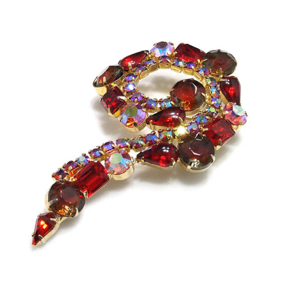 Red Aurora Borealis Rhinestone Question Mark Brooch, Gold Plated, 1960s Vintage Jewelry