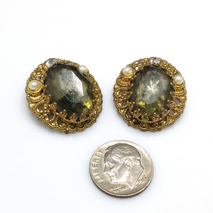 West Germany Gray Green Clip Earrings, Clear Glass & Faux Pearls, 1950s Vintage Jewelry