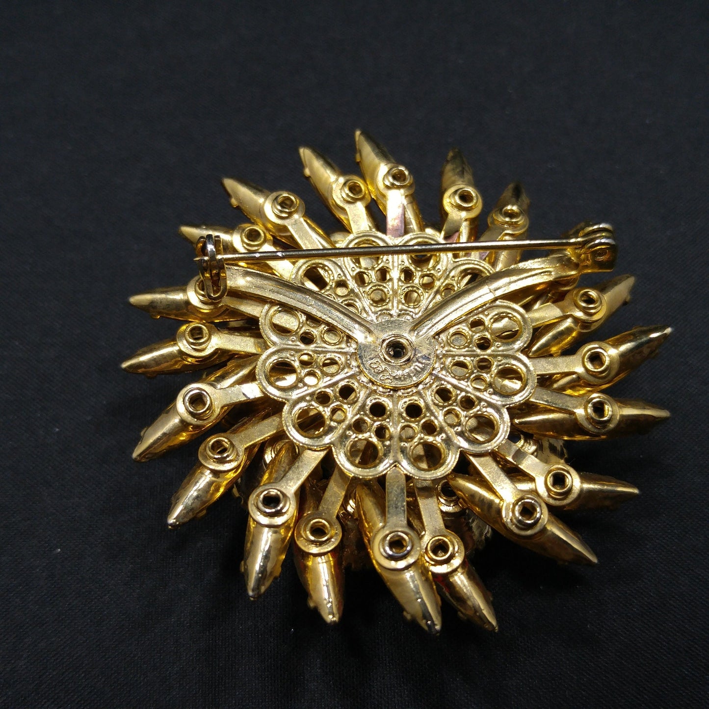 Vintage Judy Lee Faux Fire Opal Red Rhinestone Brooch, Gold Plated, 1960s