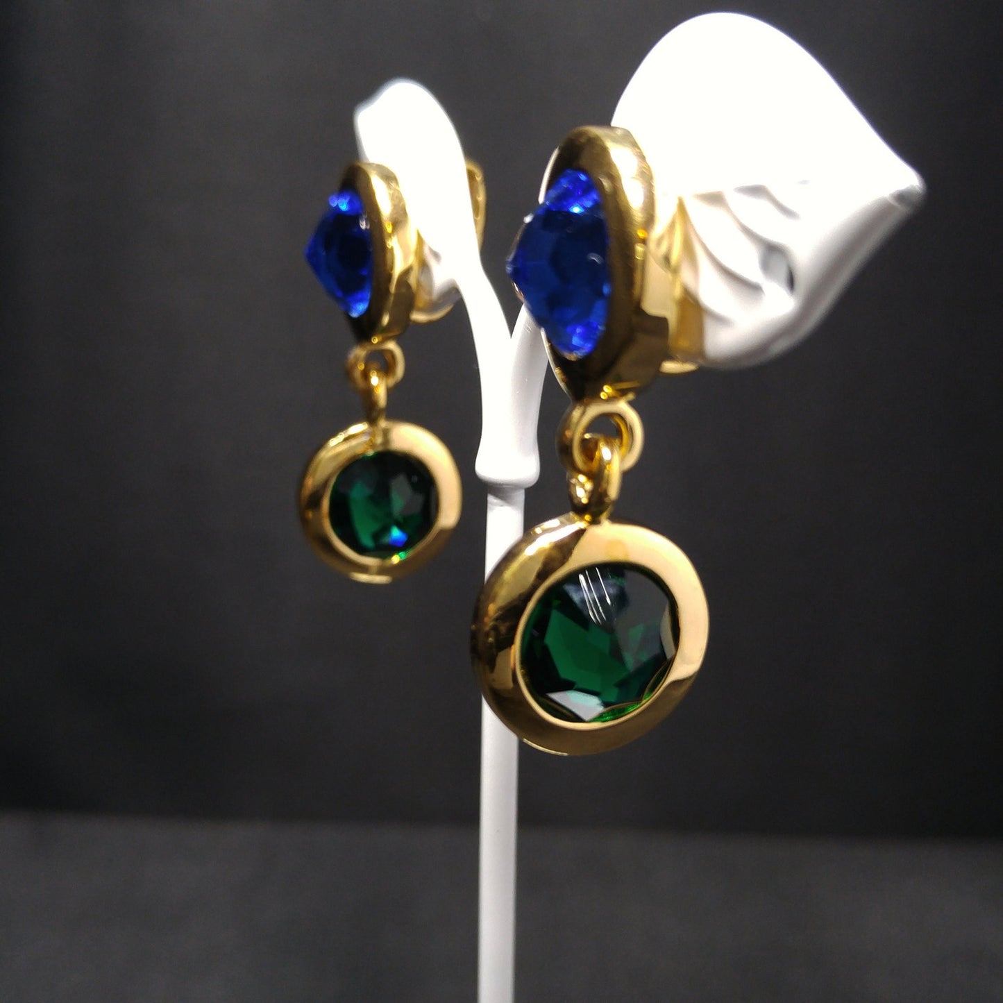 Swarovski Gold Plated Drop Earrings, Blue Green Purple Crystals, Vintage 1990s Swan Logo