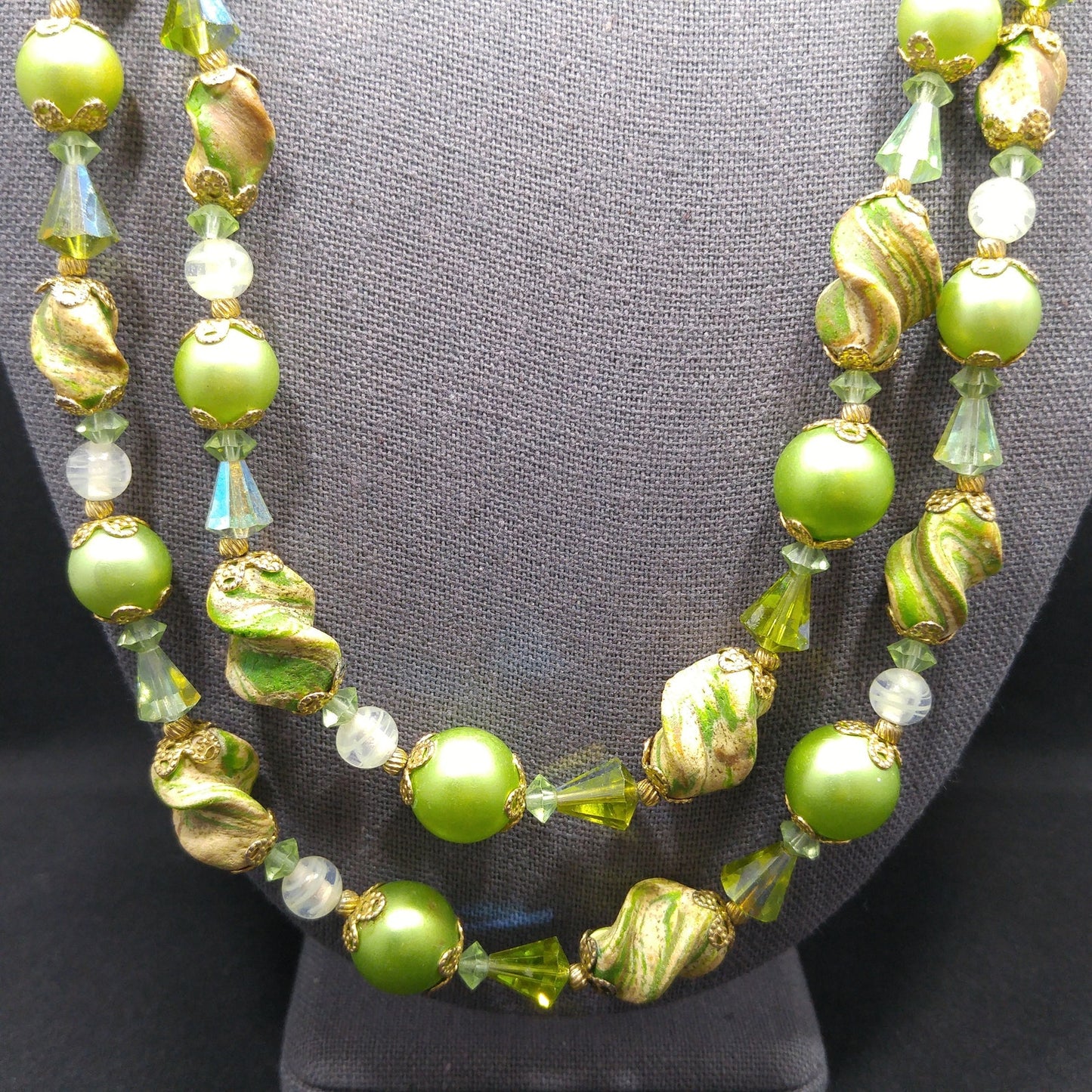 Vendome Green Art Bead Two Strand Necklace with Crystals Vintage 1960s