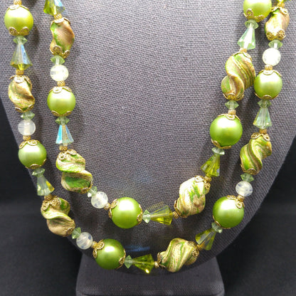 Vendome Green Art Bead Two Strand Necklace with Crystals Vintage 1960s