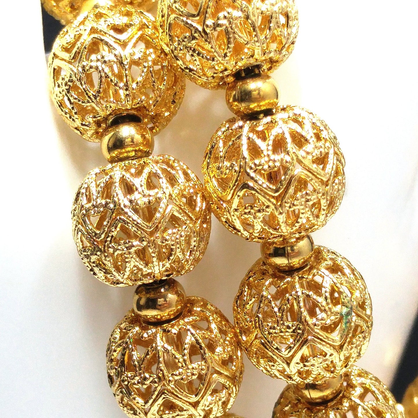 Monet Filigree Beaded Two Strand Bracelet, Gold Plated, Strung on Chain, 1960s Vintage Jewelry