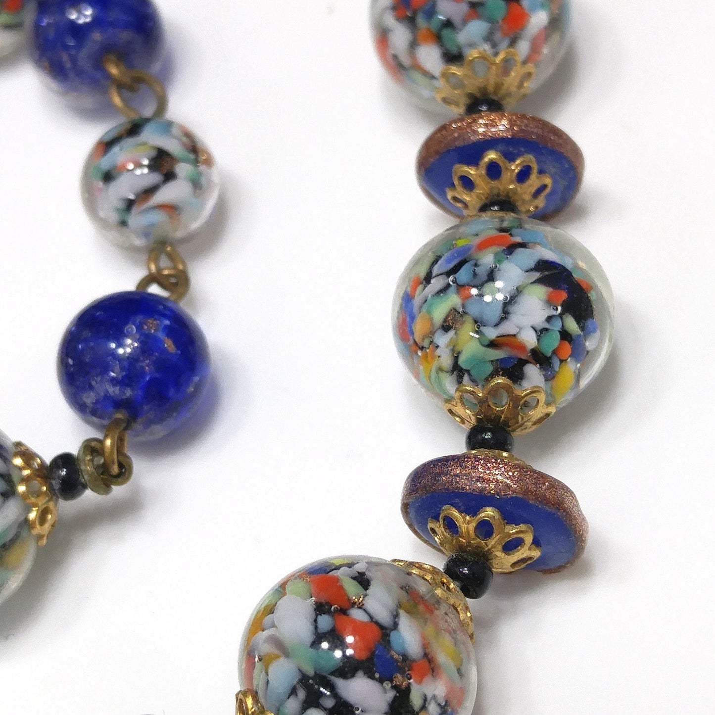 Murano Speckled Glass Beaded Necklace, Cobalt Blue Aventurine Glitter Glass, 1950s Vintage Jewelry