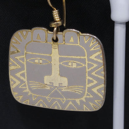 Vintage Laurel Burch "Cat Spirit" Earrings, Cream White Enamel, Gold Plated