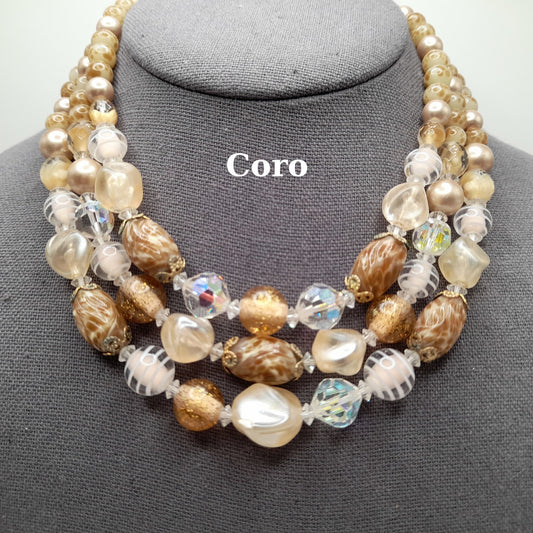 Vintage 1950s Coro Beige Beads Chess Crystal Three Strand Necklace