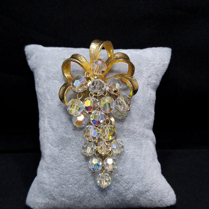 Crystal Beaded Grape Cluster Brooch, Gold Plated Bow, 1960s Vintage Jewelry