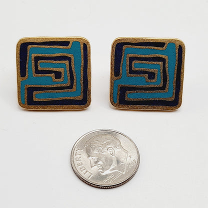 Laurel Burch “Mystery” Earrings – Vintage Enamel Geometric Post Earrings, Signed