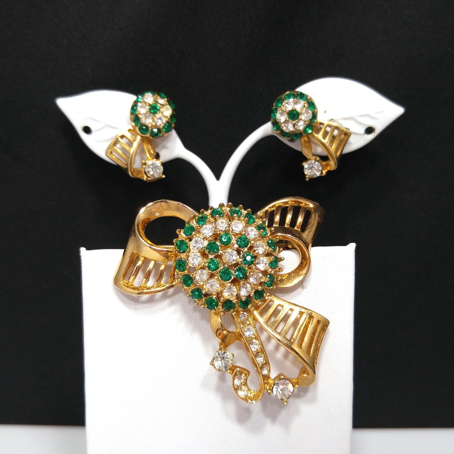 Green Rhinestone Brooch & Earrings, Gold Plated, 1940s Vintage Jewelry