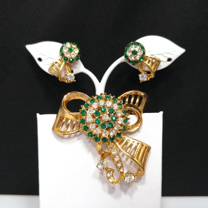 Green Rhinestone Brooch & Earrings, Gold Plated, 1940s Vintage Jewelry