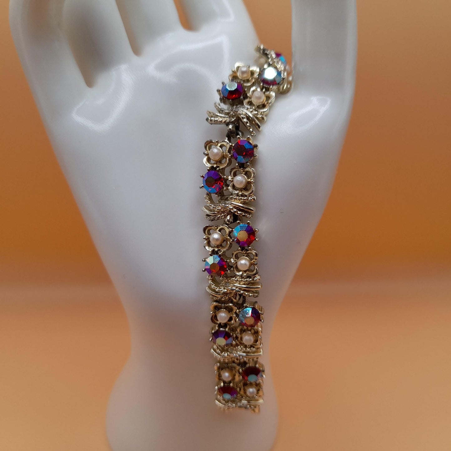 Vintage Coro Red Rhinestone Bracelet, Aurora Borealis, 1950s, 6 1/4 In