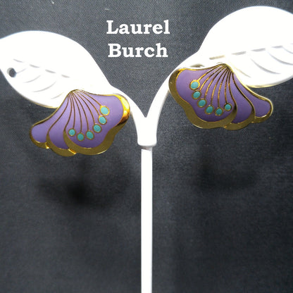 Laurel Burch Peony Post Earrings, Gold Plated Cloisonne Enamel, 1980s Vintage