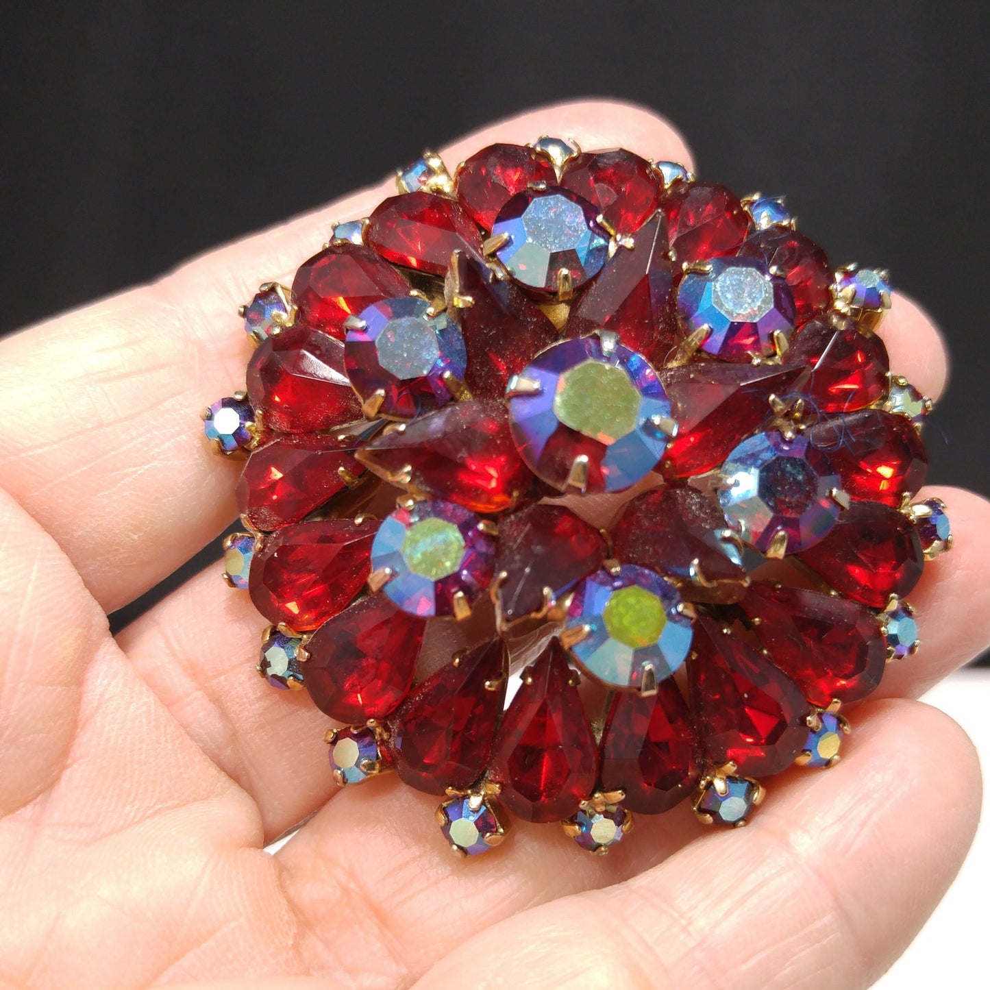 Ruby Red Rhinestone Brooch, Aurora Borealis, Gold Plated, 1960s Vintage Jewelry