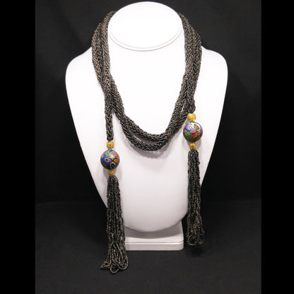 Vintage Art Deco Murano Millefiori Seed Bead Lariat Flapper Necklace, 1920s