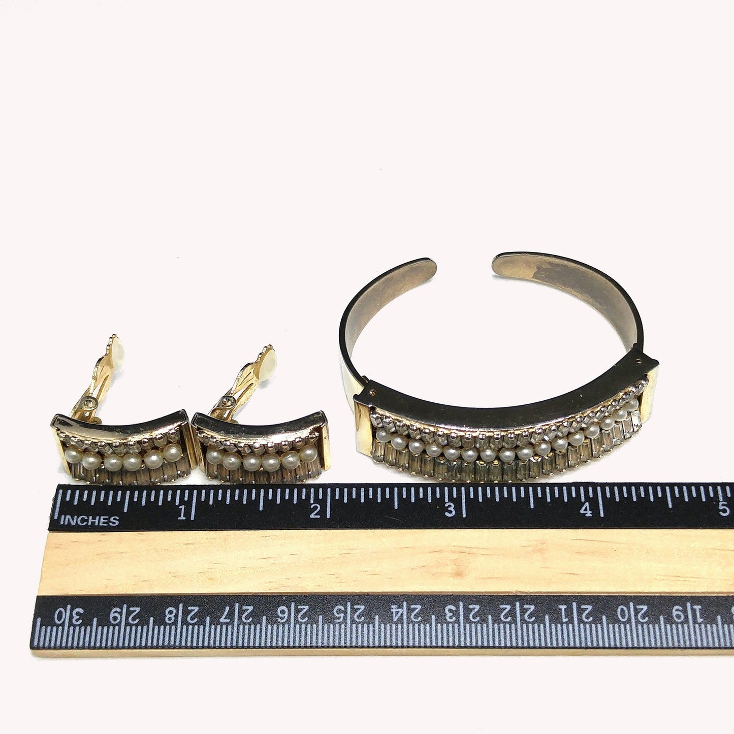 Vintage Leru Baguette Rhinestone & Pearl Cuff Bracelet & Clip Earrings Set 1950s