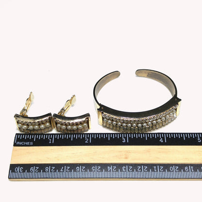 Vintage Leru Baguette Rhinestone & Pearl Cuff Bracelet & Clip Earrings Set 1950s