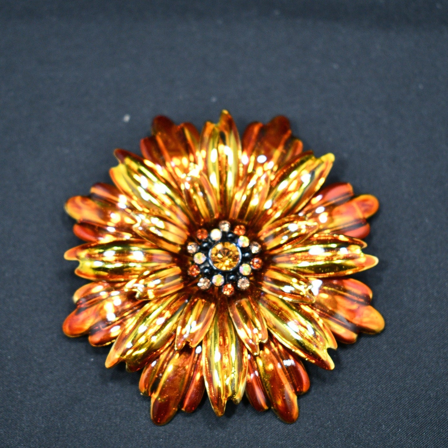 Joan Rivers Orange Gold Plated Floral Brooch, Rhinestone Center, 1990s