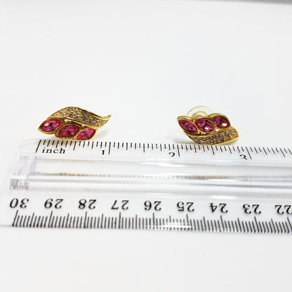 S. A. L. Swarovski Pink Rhinestone Earrings, Gold Plated Post Earrings, 1980s