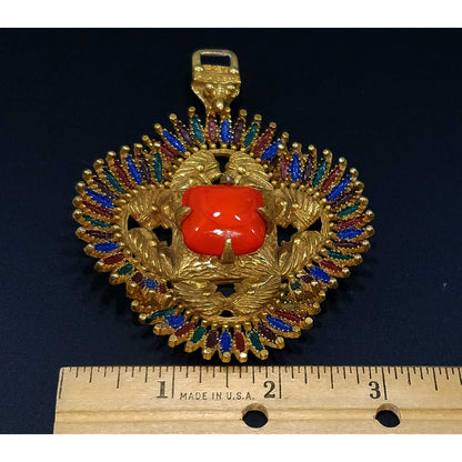 Vintage Castlecliff Pendant Orange Art Glass Gold Enamel Large Statement Jewelry