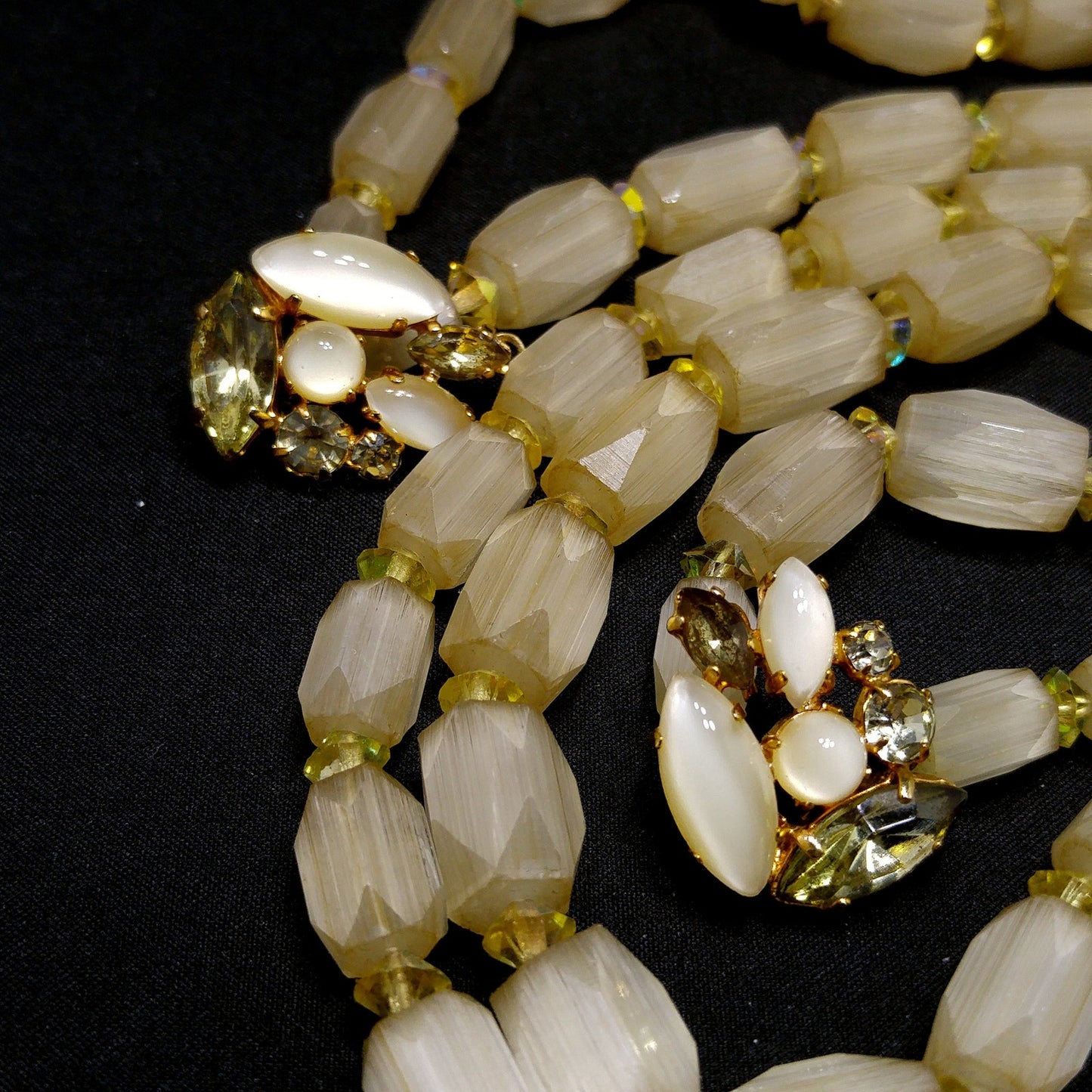 Czech Art Glass Hand Cut Satin Bead Necklace, Yellow Fire Polished Crystals