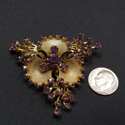 Purple Rhinestone Flower Brooch, Gold Plated, 1950s Vintage Jewelry
