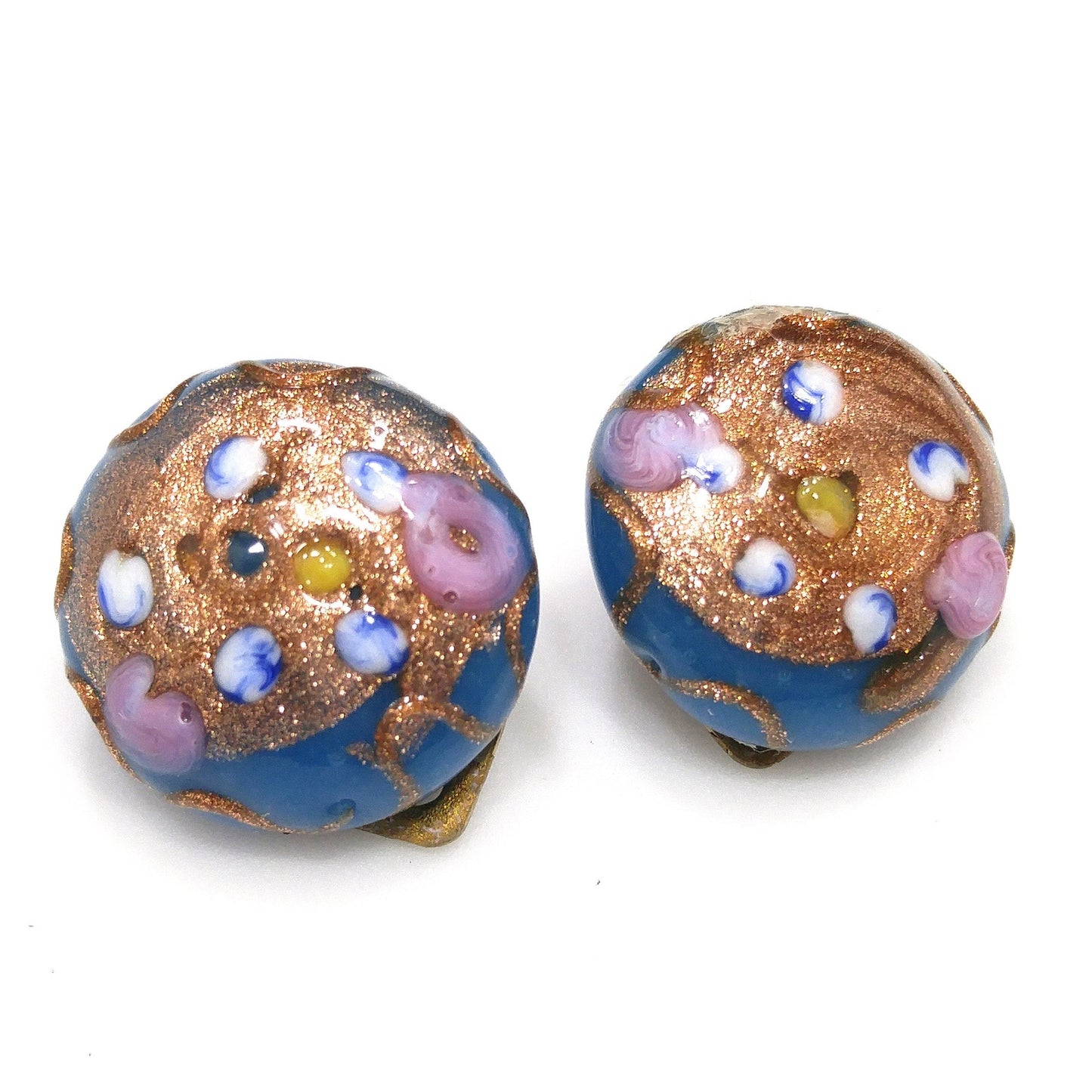 Vintage Italian Wedding Cake Clip Earrings, Blue Pink Roses  1940s
