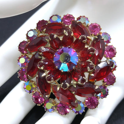 Red & Pink Rhinestone Brooch, Gold Plated, 1960s Vintage Jewelry