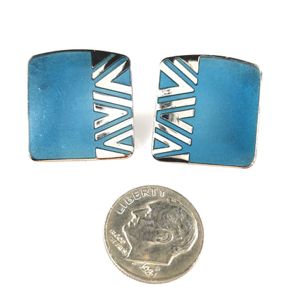 Vintage Laurel Burch Geometric Naito Blue Post Earrings, Rhodium Plated, 1980s
