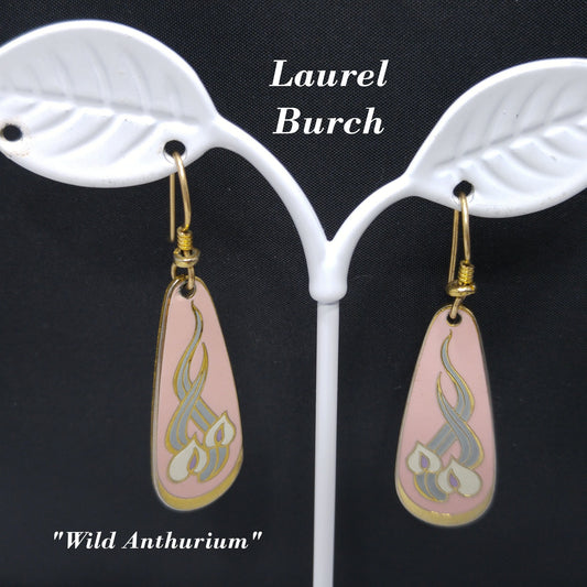 Laurel Burch "Wild Anthurium" Pink Dangle Earrings, Gold Plated, Cloisonné Enamel, 1980s Vintage Jewelry