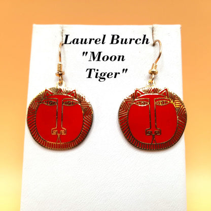 Laurel Burch "Moon Tiger" Red Drop Earrings, Gold Plated Cloisonné, Red Enamel, 1980s Vintage Jewelry
