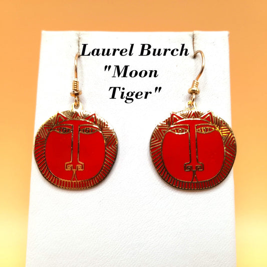 Laurel Burch "Moon Tiger" Red Drop Earrings, Gold Plated Cloisonné, Red Enamel, 1980s Vintage Jewelry