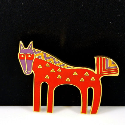 Laurel Burch "Inca" Red Horse Brooch, Cloisonné Gold Plated, 1980s Vintage Jewelry