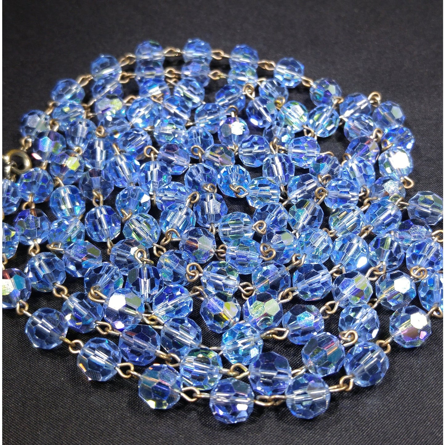 Blue Austrian Crystal Beaded Necklace, Long Rosary Style, 1960s Vintage Jewelry
