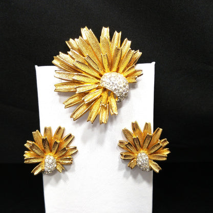 Jomaz Gold Plated Brooch & Earrings, Pave Rhinestones, Joseph Mazer Co, 1960s Vintage Jewelry