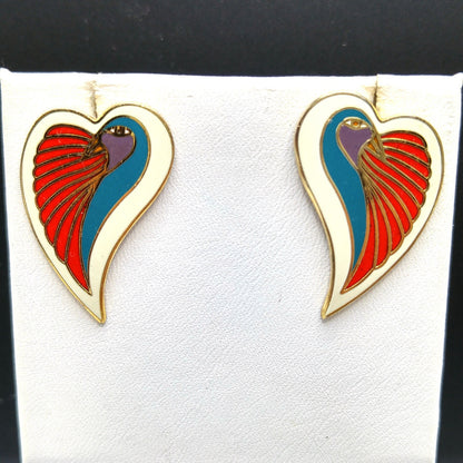 Vintage Laurel Burch "Dove Heart" Post Earrings, Cloisonne Enamel, Gold Plated