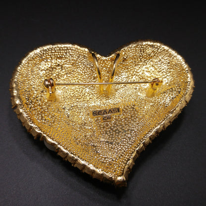 Scaasi Heart Faux Pearl Brooch Pendant, Designer Runway Jewelry, 1980s Vintage Jewelry