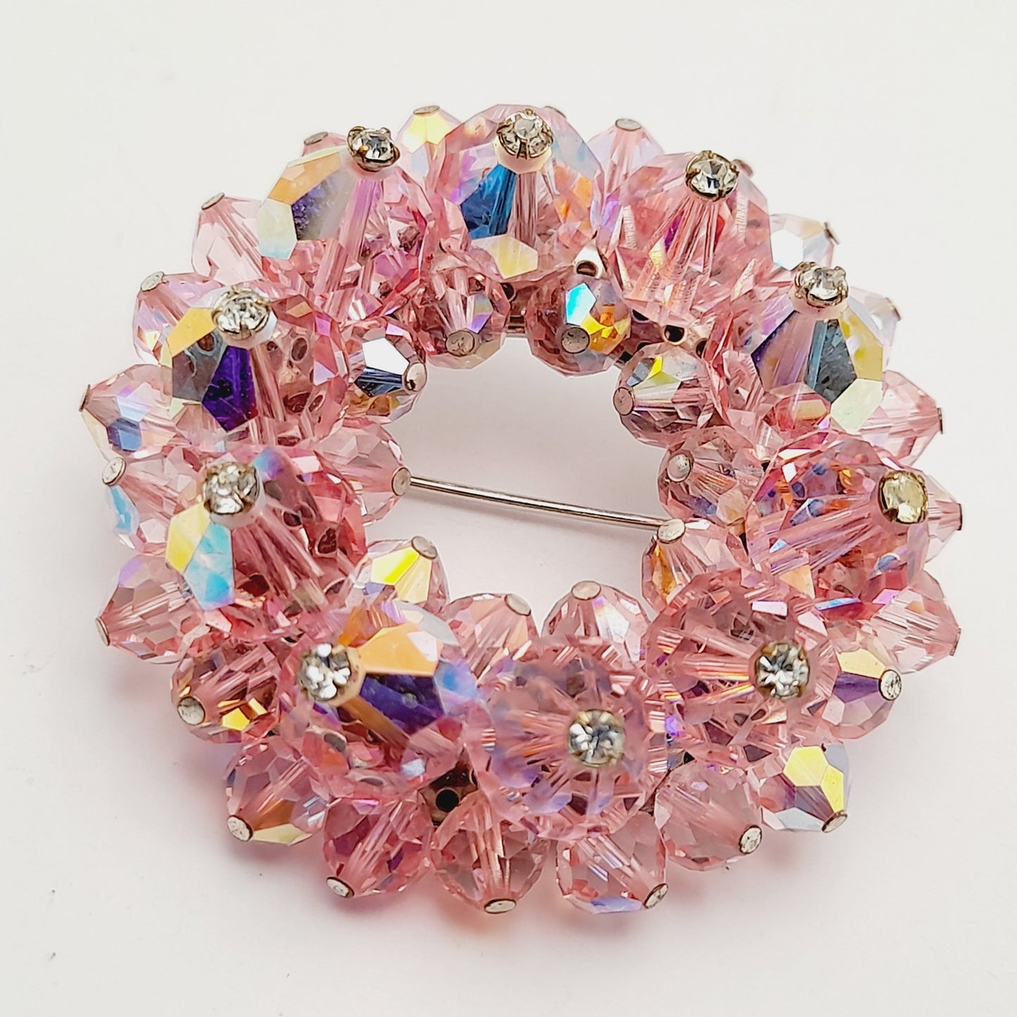 Vintage 1960s Pink Crystal Beaded Brooch Rhinestone Head Pin Accents