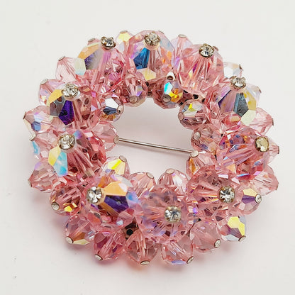 Vintage 1960s Pink Crystal Beaded Brooch Rhinestone Head Pin Accents
