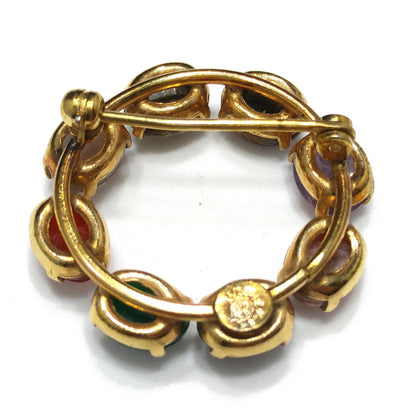 C. C. Gemstone Eight Scarab Brooch, 12K Gold Filled, Garnet Jadeite Quartz, 1950s Vintage Jewelry