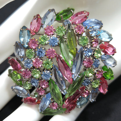 Pastel Rhinestone Floral Brooch, Rhodium Plated, Open Back Stones, 1960s Vintage Jewelry