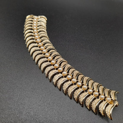 Vintage Kramer Wide Bracelet, Faux Pearls, Gold Plated, 1960s Jewelry