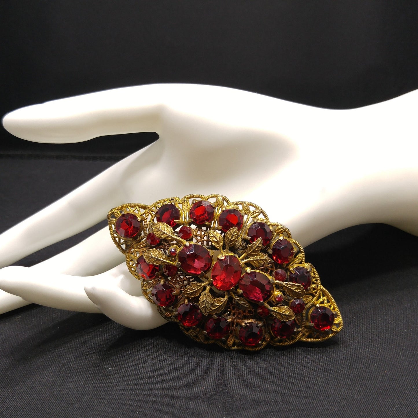 Antique Red Rhinestone Filigree Large Brooch, Wide Floral Sash Shoulder Pin, 1920s Vintage Jewelry