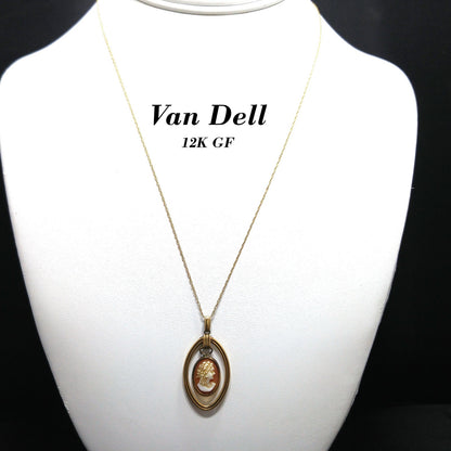 Van Dell Hand-Carved Shell Cameo Necklace – 14K Gold Chain, 1940s Vintage